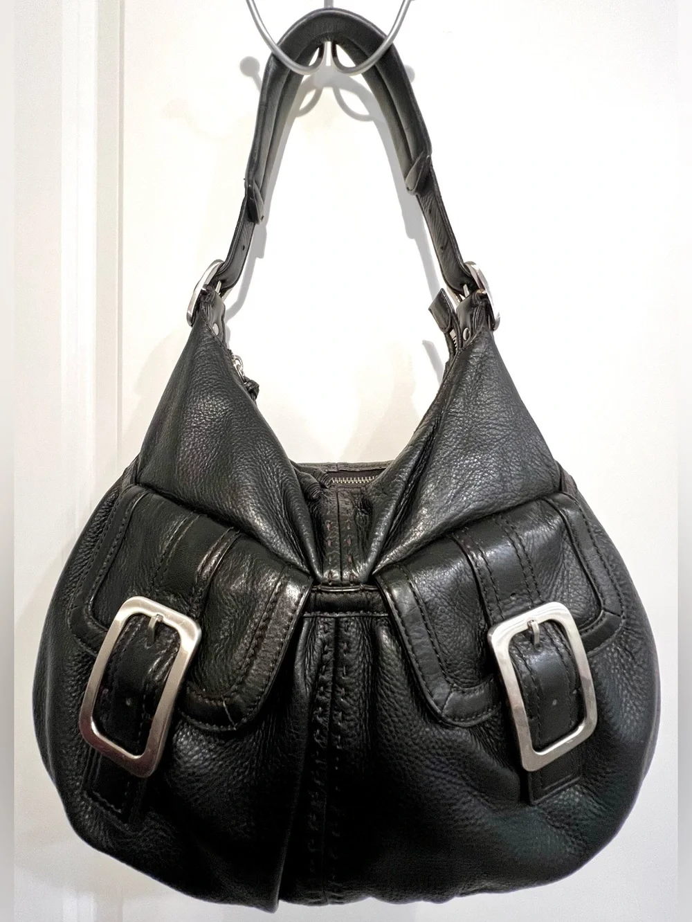 ✨COLE HAAN Y2K Large Black Leather Hobo Slouchy Shoulder Bag Buckles Pockets Zip